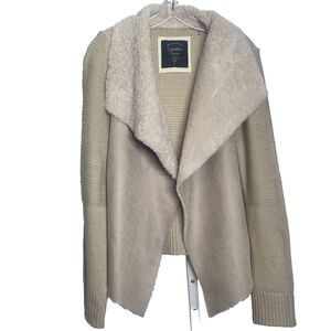 Cavalini Sweater Jacket Womens Size Large Tan Fuzzy Faux Suede With Fur Collar